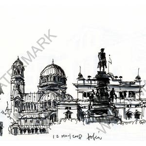 May include: Black and white ink drawing of a cityscape with a church, a statue, and other buildings. The drawing is dated "12 May 2009" and signed "Jofka".