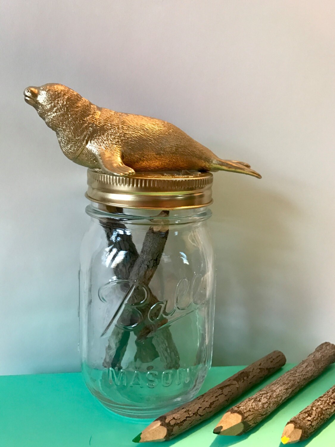 Seal Home Decor Gold Seal Mason Jar Office Decor Container Etsy