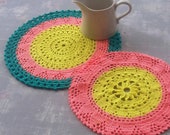Two colourful vintage doilies, retro 80s crochet table mats, like new handmade crocheted cotton coasters, hand-knitted doily, tablecloths