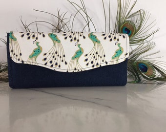 Peacock print and denim purse