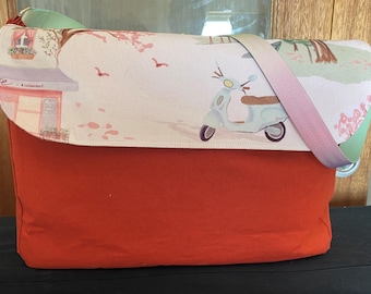 Large Lightweight Satchel in Pink Paris Print with Terracotta Canvas -Shoulder Everyday Bag