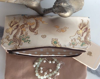 Dragon & Pearl Leather Foldover Clutch Evening Bag