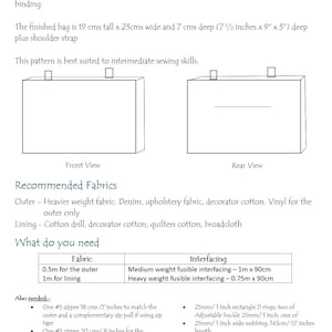 The back page of the Phillippa Crossbody sewing pattern for "The Phillippa Crossbody Bag" with front and rear view diagrams. The finished bag is 19 cm tall, 23 cm wide, and 7 cm deep. Includes fabric and interfacing requirements, and other needed materials.