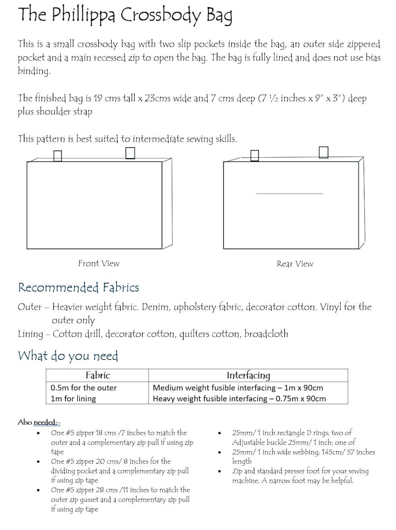 The back page of the Phillippa Crossbody sewing pattern for "The Phillippa Crossbody Bag" with front and rear view diagrams. The finished bag is 19 cm tall, 23 cm wide, and 7 cm deep. Includes fabric and interfacing requirements, and other needed materials.