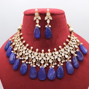 Blue Uncut Polki Kundan Necklace , Indian Jewelry, Kundan Necklace,, Pakistani Jewelry, Kundan Set, Polki Necklace, Indian Jewelry