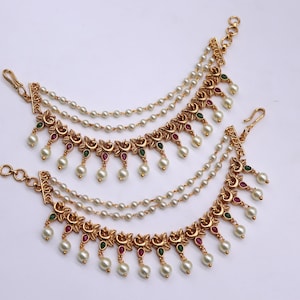 Matte Gold Ruby Green Kemp Ear Chain, Saharey, Kaan Chain, Indian Jewelry Hair Accessories, Bahubali Ear Chain, Bridal Accessories