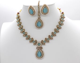 Conjunto de collar Polki de oro antiguo turquesa, gargantilla Kundan azul claro, joyería india punjabi pakistaní