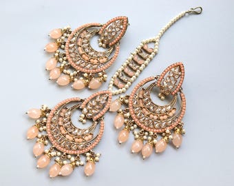 Peach Polki Chandbali Earrings with Tikka: Gold Tikka Set