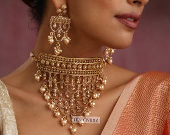 Alina Gold Polki Choker: Indiase ketting en oorbellen