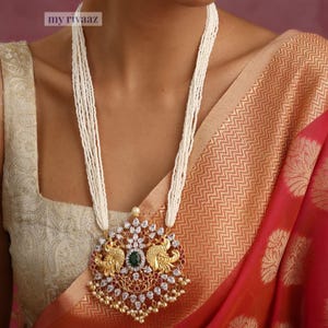 Gold Plated Indian Pendant Necklace: Long Pearl Chain, South Jewelry