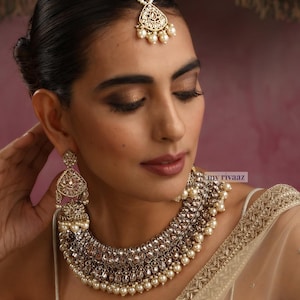 Gold Polki Choker with Earrings & Tikka: Indian Wedding Jewelry