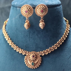 Real looking Ruby Green Matte Gold Necklace- Indian Jewelry