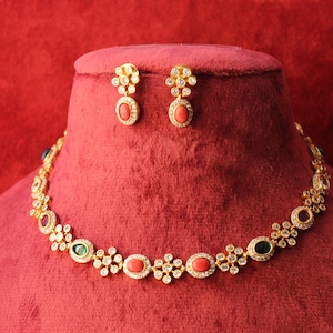 Matte Gold Navratan Necklace Set: Indian Temple Jewelry