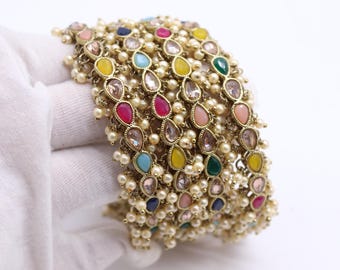 Navratan Gold Pearl Bangles: Set of 4 Indian Jewelry