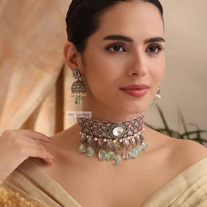 Alina Mint Pink Choker , Indian Jewelry, Victorian Jewelry, Bollywood Jewelry, Emerald Choker, Indian Necklace, Sabyasachi Jewelry