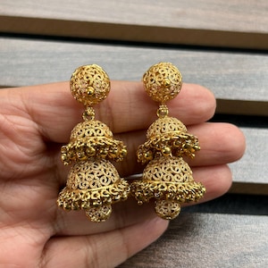 Gold Jhumkas, Indian Earrings, Long Jhumkas, Double Jhumka, Indian Jewelry