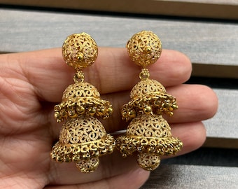 Gold Plated Double Jhumka Earrings: Indian Jewelry