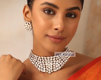 Polki CZ Choker Necklace Set: Indian Bridal Jewelry, Kundan Earrings