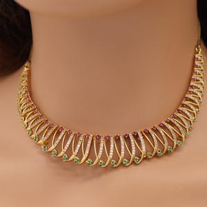 Dainty Ruby Green Necklace: Indian Kemp Style, Gold Plated with Earrings