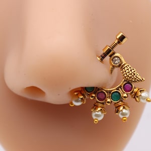 Peacock Kundan Nath: Gold Indian Clip On Nose Ring
