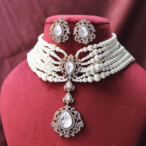 Pearl Mossonite Kundan Choker Necklace: Indian Bridal Jewelry Set