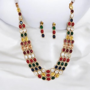 Long Kemp Stone Necklace: South Indian Kundan Jewelry Set