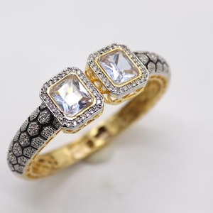 Victorian CZ Cuff Bracelet: Gold Plated Indian Bangle, Openable Kada