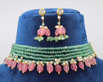 Mint Pink Onyx Bead Choker - Indian Jewelry