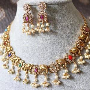Navratan Matte Gold Necklace, Kemp Necklace, Indian Jewelry, 1 Gram Gold Necklace, South Indian Jewelry, Traditional Necklace, Temple