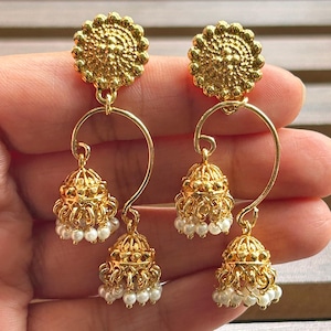 Gold Jhumkas, Indian Earrings, Long Jhumkas, Double Jhumka, Indian Jewelry