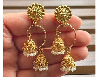 Gold Plated Jhumka Earrings: Indian Dangle Jewelry
