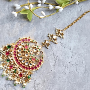 Ruby Green Kundan Maang Tikka | Indian Bridal Tikka |Gold Plated Headpiece with Pearls | Wedding Tikka Jewelry |Bollywood Style Tikka Tik Ka