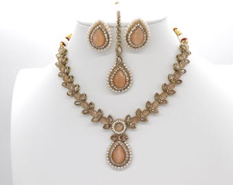 Peach Antique Gold Polki Necklace Set, Peach Kundan Choker, Indian Punjabi Jewelry Pakistani Set