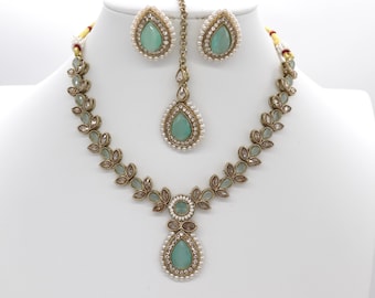 Mint Green Polki Necklace Set, Indian Jewelry, Indian Necklace, India Choker, Kundan Necklace, Punjabi Jewelry