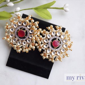 Ruby Kundan Pearl Studs , Indian Earrings, Kundan Earrings, Desi Earrings, Bollywood Earrings, Earrings Indian Style
