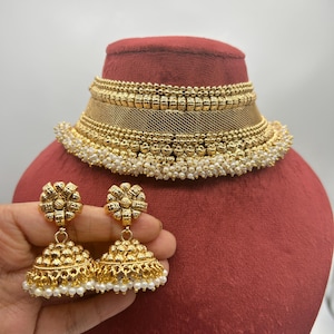 Gold Pearl Choker Set: Indian Jhumka Earrings, Wedding Jewelry