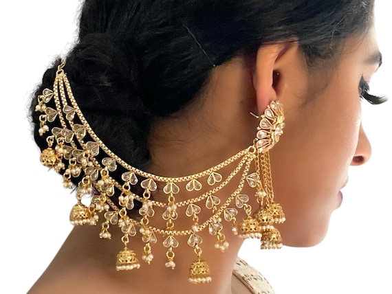 Gold Bahubali Jhumka Earrings: Indian Pakistani Style Ear Chain