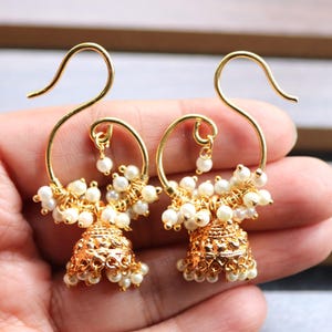 Gold Plated Pearl Jhumka Earrings: Handmade Indian Jewelry