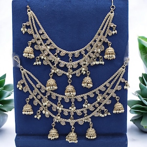 Elegant Antique Gold 3 Layer Jhumki Saharey, Kaan Chain, Indian Jewelry Hair Accessories, Bahubali Ear Chain, Bridal Accessories