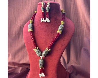 Ruby Rani Haar Necklace Set: Turkish Style Onyx Beads, Victorian Jewelry