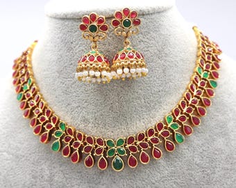 Ruby Green Kemp Choker: Indian Jhumka Necklace