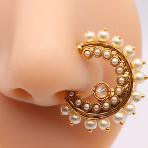 Gold Pearl Nose Ring, No piercing Required, Nath, Clip on Nose Ring, Indian Nose Ring,Nose Jewelry, Kundan Nose Ring, Indian Nose Jewelry