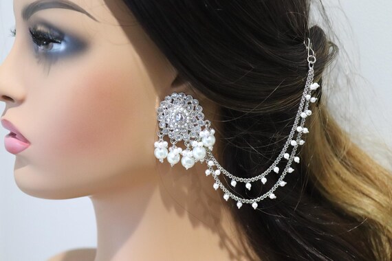 Silver Pearl Ear Chain: Indian Jhumka Earring Attachment - Etsy display picture 1