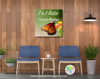 Download Free Canvas Print Mockup, Tropical Hallway, Square Ratio, Mock Up Template, Empty Canvas Print, Artwork Marketing Tool, 1:1, 10x10, 20x20, 30x30 PSD Template