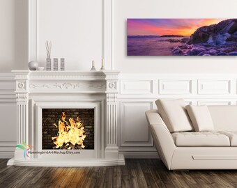 Download Free Canvas Photo Art Mockup Template (Styled Stock Photography), Living Room with Fireplace, Sofa, Panorama, 3 to 1 ratio, JPG, PNG files PSD Template