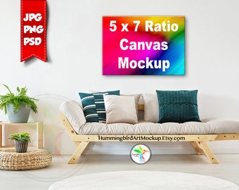 Download Free Mockup, Stock Photo, Canvas Print, Tropical, 5x7 Ratio, Artwork Styled Image, Living Room, Art Display, Wall Art Mockup, Marketing, 7x5 PSD Template