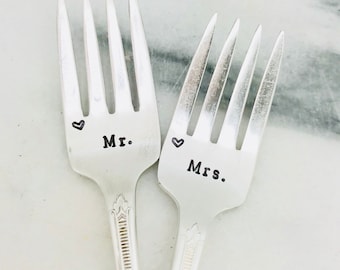 Mr Mrs, hand stamped vintage wedding forks, engagement silverware, custom with wedding date, bridal and groom, personalized