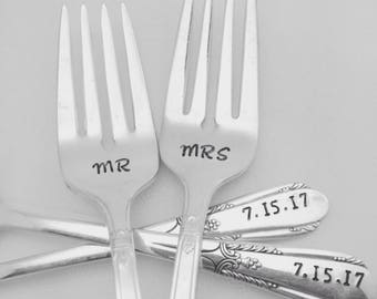 Mr Mrs handstamped vintage wedding forks, engagement silverware, custom with wedding date, bride and groom, personalized