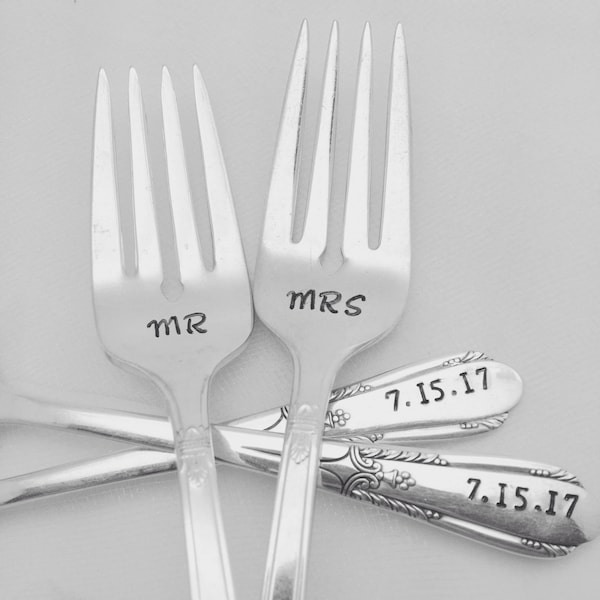 Mr Mrs handstamped vintage wedding forks, engagement silverware, custom with wedding date, bride and groom, personalized