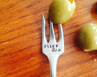 olive you fork,  hand stamped fork, unique gift, vintage silverplate